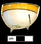 Pearlware polychrome painted underglaze  common shape cup. Rim diameter: 1.50”, Vessel height: 1.25”. Lot: 185-14. 18BC66